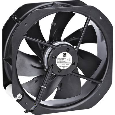 Zwarte axiale ventilator met acht schoepen, gemonteerd in een rechthoekig frame, met merklabel in het midden van de ventilator.