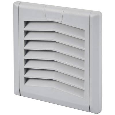 Een grijze ventilatierooster met horizontale lamellen voor luchtsirculatie, weergegeven in een vooraanzicht.