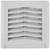Vierkante, witte ventilatierooster. Zes horizontale lamellen. Ventilatiesysteem voor luchtstroom.
