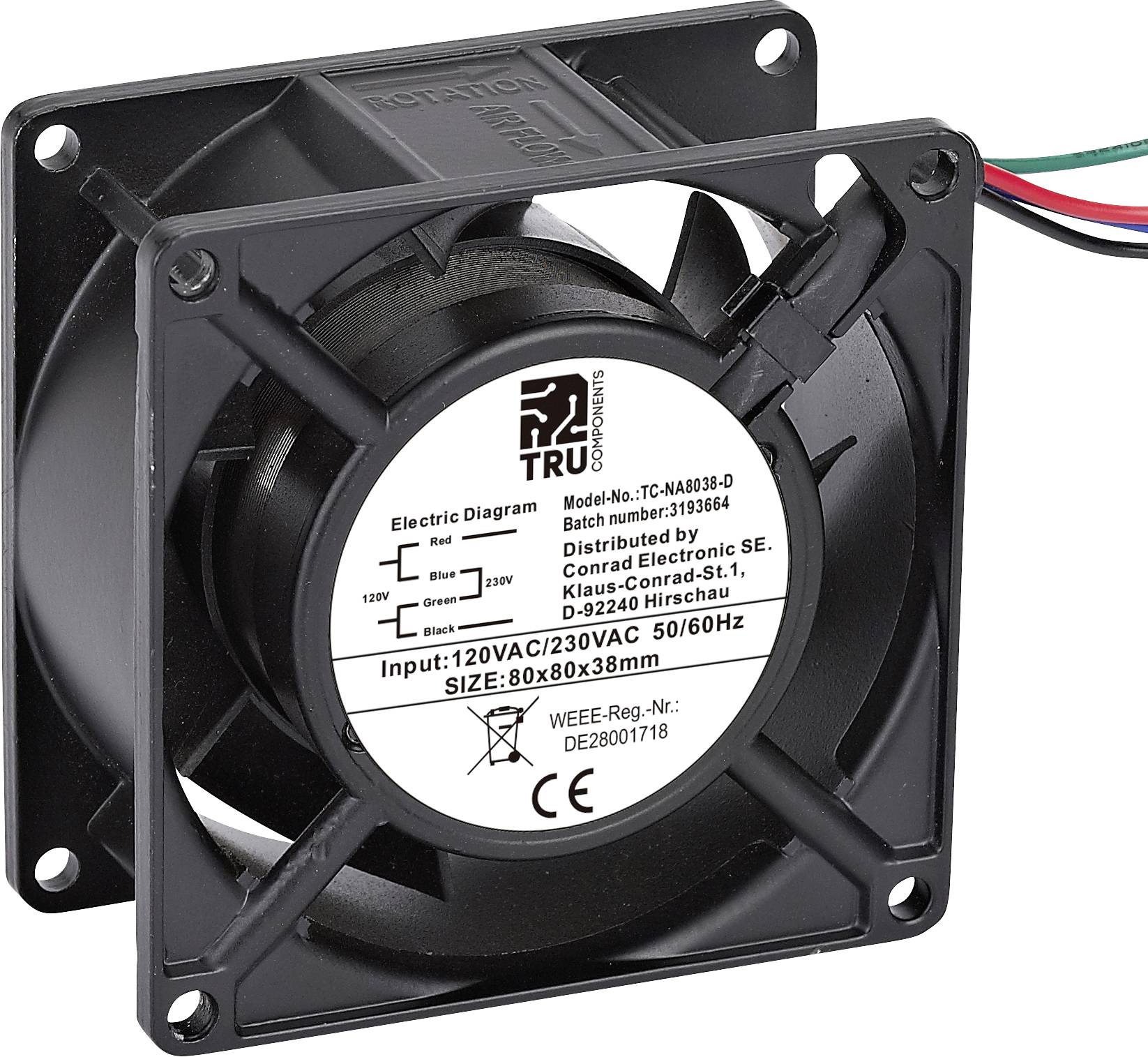 'Ventilator met technische specificaties: Model-nr. TFC-N4030B-D, afmeting 80x80x38 mm, ingang 120V/230V AC, 60/50Hz.'
