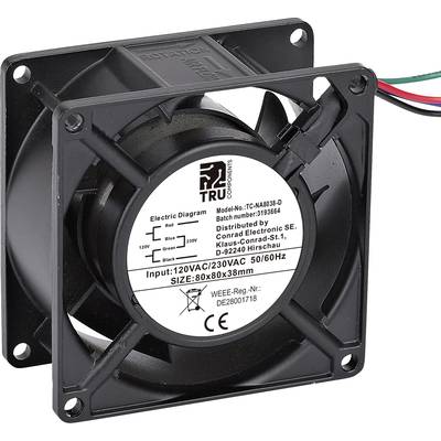 'Ventilator met technische specificaties: Model-nr. TFC-N4030B-D, afmeting 80x80x38 mm, ingang 120V/230V AC, 60/50Hz.'