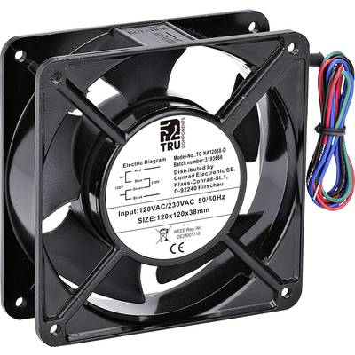 Een zwarte ventilator met in het midden een sticker met technische specificaties zoals spanning en afmetingen. Kabels zijn zichtbaar aan de rechterkant.