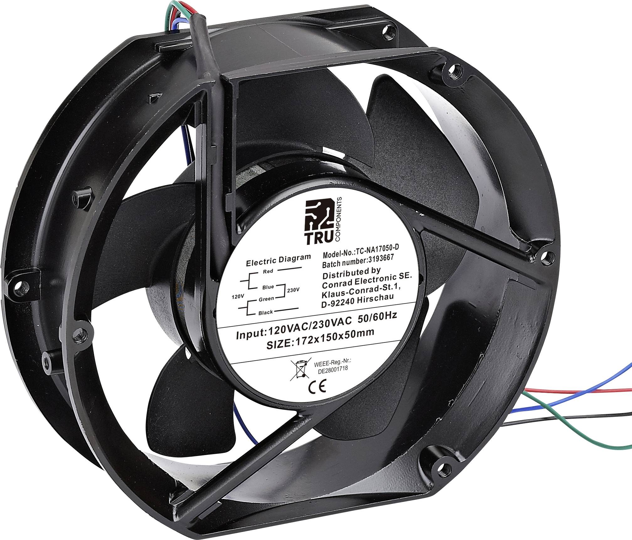 Een zwarte ventilator met een etiket in het midden dat elektrische specificaties toont. Modelnummer 'THA221570G'.