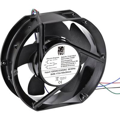 Een zwarte ventilator met een etiket in het midden dat elektrische specificaties toont. Modelnummer 'THA221570G'.