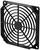 Een zwart, vierkant ventilatierooster van kunststof met ronde spijlen ter bescherming van ventilatoren in technische apparaten.