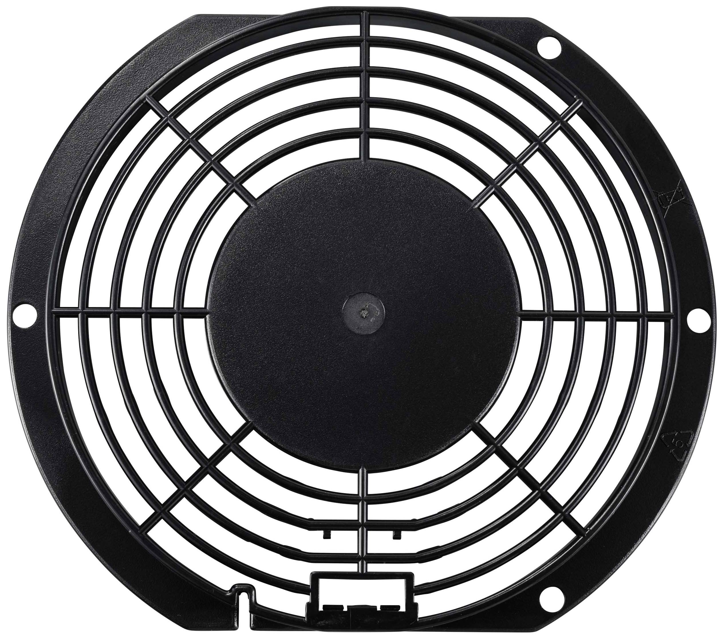 Een zwart, rond luchtrooster van kunststof dat dient als beschermende afdekking voor ventilatoren en ventilatie mogelijk maakt.