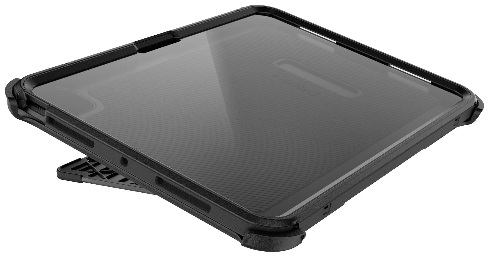 Een zwarte tablet in een beschermende behuizing ligt licht schuin op een tafel.