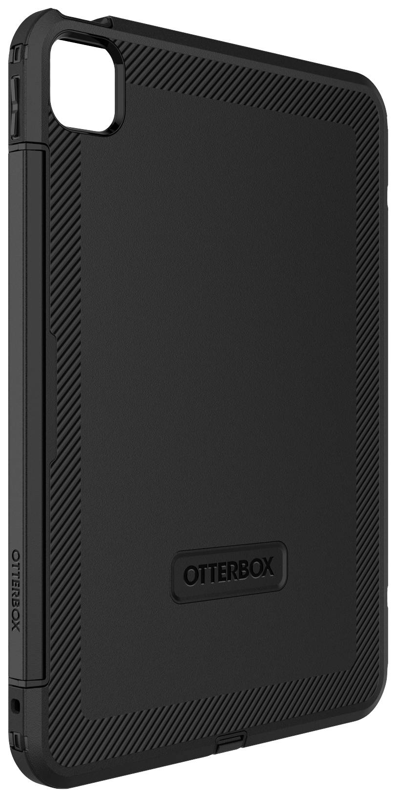 Een zwarte beschermhoes van het merk OtterBox voor een tablet, met gestructureerde randen voor een betere grip.