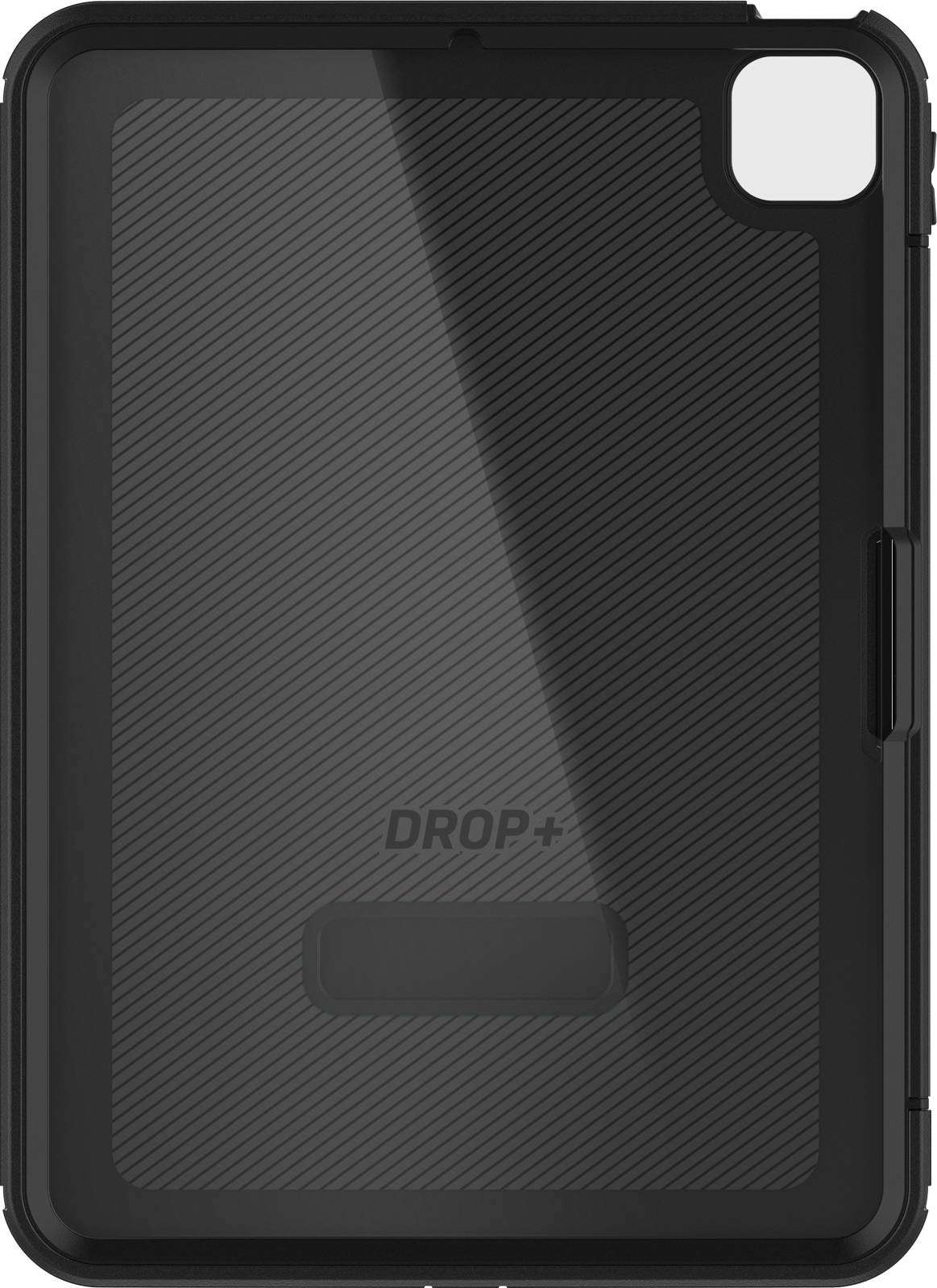 Zwart, gestructureerd tablet-hoesje met 'DROP+' opdruk, biedt bescherming en stabiliteit.