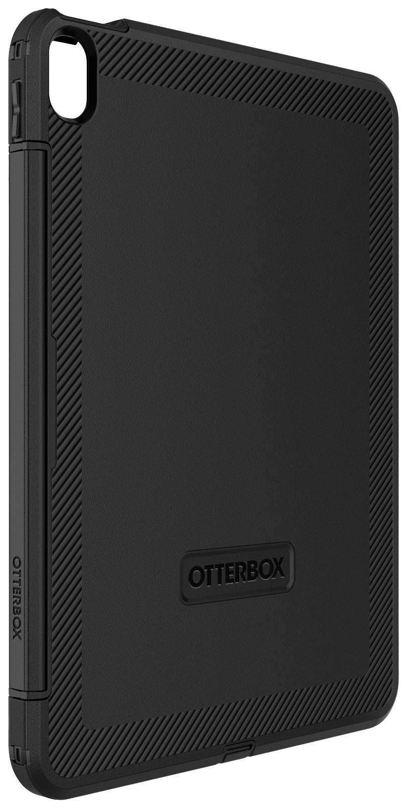 Tablet-beschermhoes in het zwart, vervaardigd uit stevig materiaal met 'Otterbox'-logo aan de achterzijde, biedt bescherming tegen stoten en krassen.