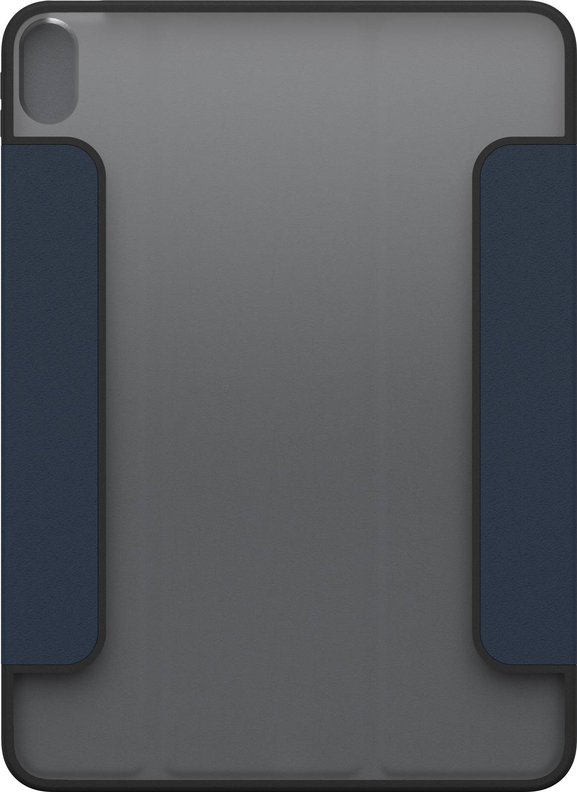 Een donkere beschermhoes voor een tablet, toont de achterkant met afgeronde hoeken en een uitsparing voor de camera.