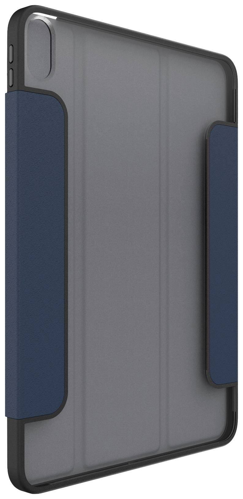 Een tablethoesje in blauw en zwart, staand en gesloten, toont een minimalistische, beschermende ontwerpoplossing.