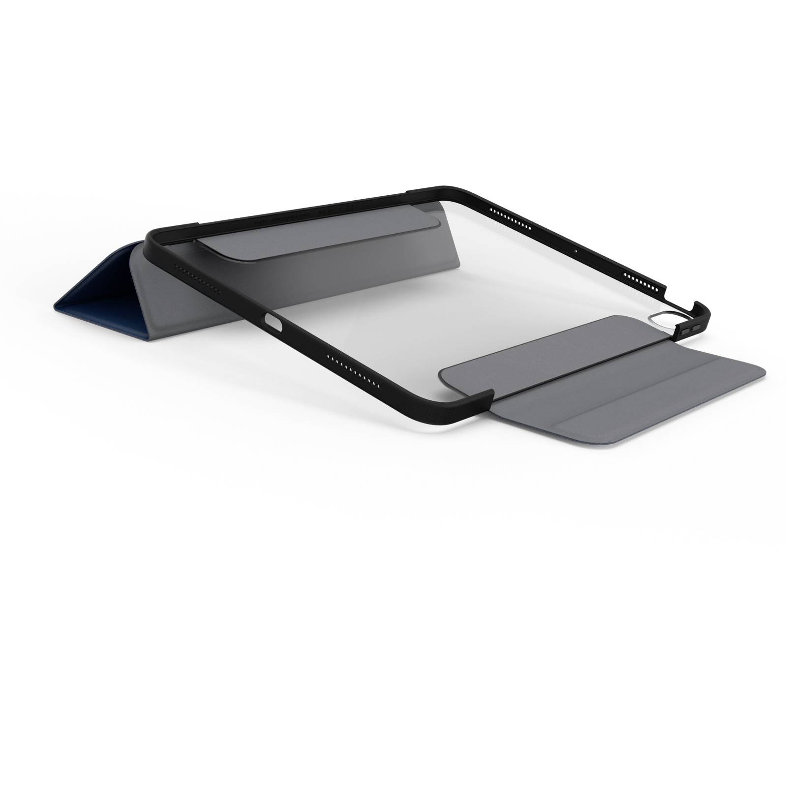 Een opvouwbare grijze laptopstandaard met zwarte rand, die op verschillende hoogtes kan worden ingesteld.