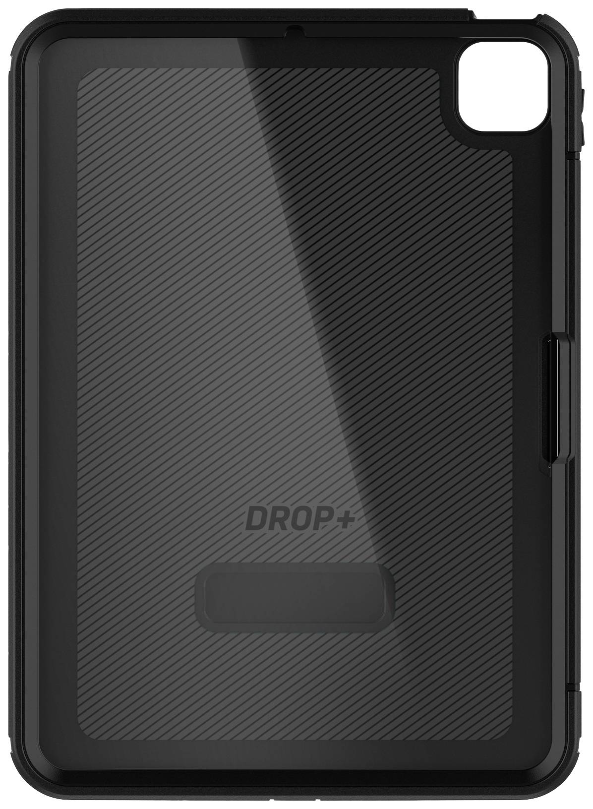 Achterkant van een robuust tablet met een zwarte behuizing en de tekst 'DROP+'.