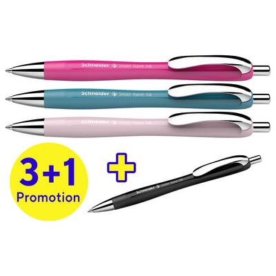 Drie kleurrijke pennen (roze, turkoois, roze) naast elkaar; onderaan een zwarte. Tekst toont '3+1 Promotie' in een gele cirkel.