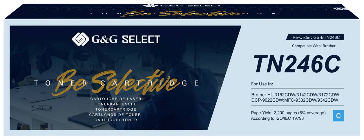 Briljantblauwe verpakking voor tonercartridge TN246C, geschikt voor verschillende Brother-printermodellen. Tekst op de verpakking: 'Be Selective'.