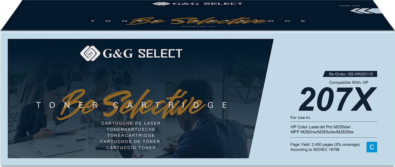 'G&G SELECT' Tonercartridge, Model 207X, compatibel met verschillende HP-printers. Verpakking bevat informatie over de capaciteit.