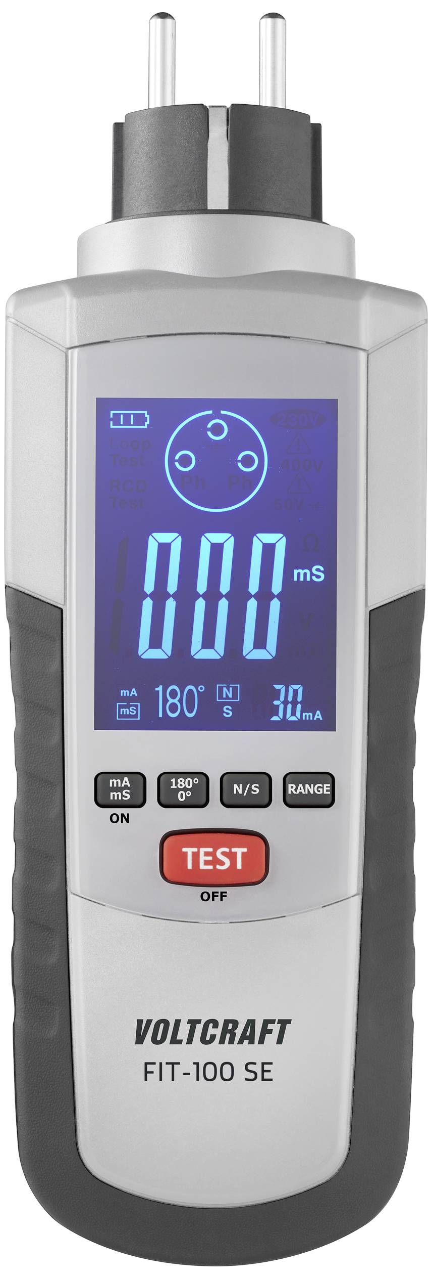 Draagbaar testapparaat van het type Voltcraft FIT-100 SE voor het controleren van stopcontacten met een digitaal display en bedieningselementen.
