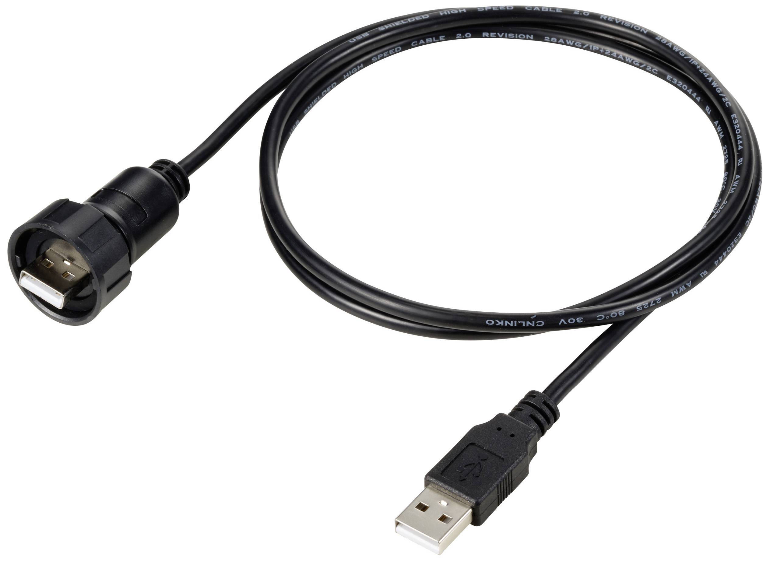 Een zwarte USB-kabel met een standaard USB-A-aansluiting aan de ene kant en een gespecialiseerde aansluiting aan de andere kant.
