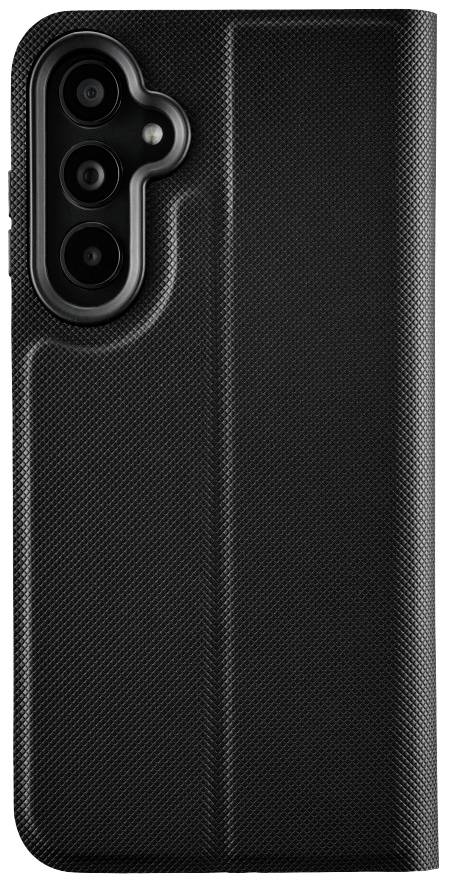 Zwart smartphone-hoesje met gestructureerd design, met uitsparingen voor cameralobjektieven in de linkerbovenhoek.