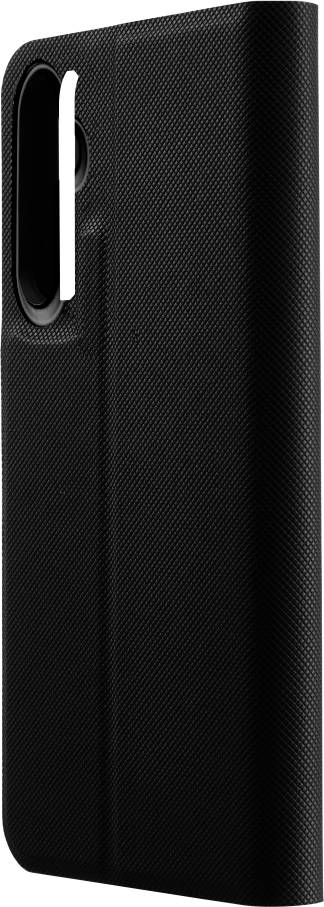 Zwarte, gestructureerde smartphonehoes, rechtop staand, met uitsparing voor camera's.