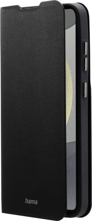 Zwart smartphone-fliphoesje van Hama met geopende cover, toont de zijkanten met knoppen van de smartphone.