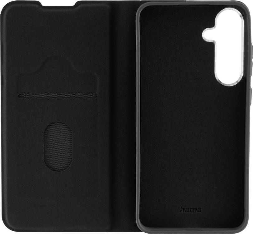 Zwarte smartphone-hoes met klapfunctie, links een sleufzakje voor kaarten, rechts een vak voor het toestel.