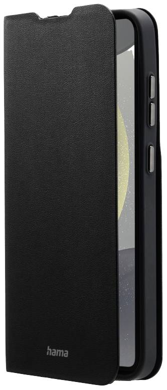 Zwart smartphone-fliphoesje van Hama, geopend, toont een smartphone met het scherm naar binnen. Het hoesje heeft knoppen aan de zijkant.