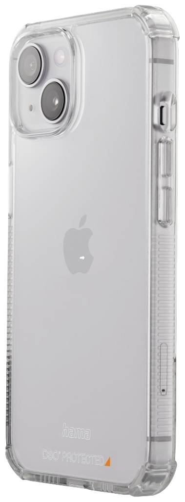 Helder smartphonehoesje toont een wit toestel met zichtbaar Apple-logo en dubbele camerabovenkant, beschermend omhuld.