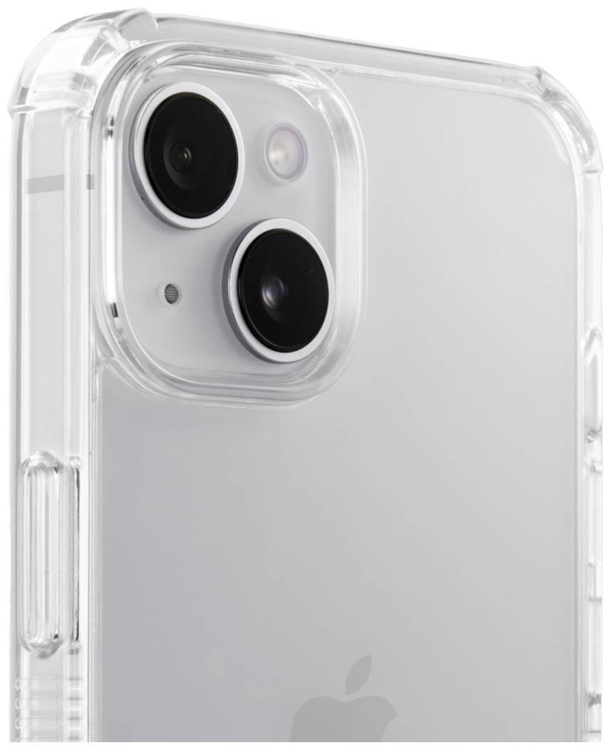 Een close-up van een smartphone in een transparante hoes, waarbij de cameraleenses en de gladde achterkant zichtbaar zijn.