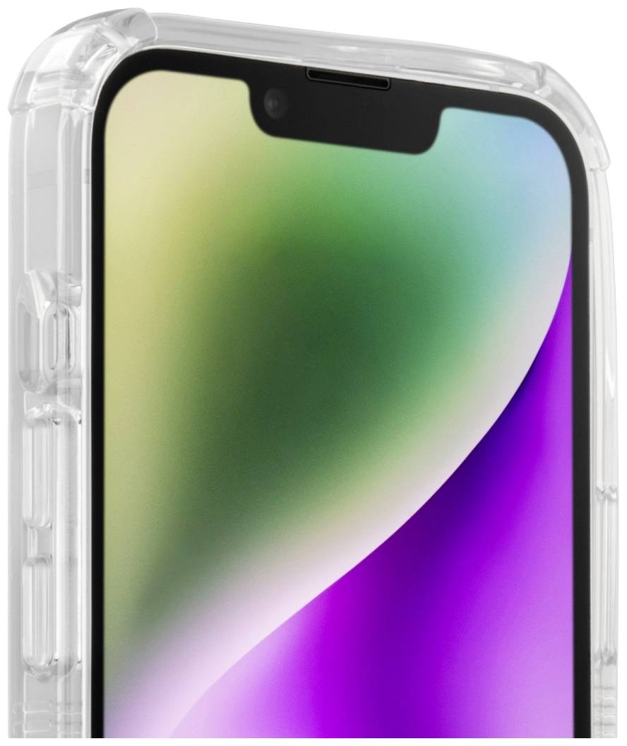 Een close-up van een smartphone met een transparante beschermhoes, die kleurrijke lichtreflecties op het scherm vertoont.