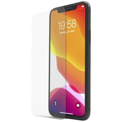 Smartphone met schermbeschermfolie; toont scherm met tijdsaanduiding '19:58', datum 'Zaterdag, 10 april' en app-symbolen.