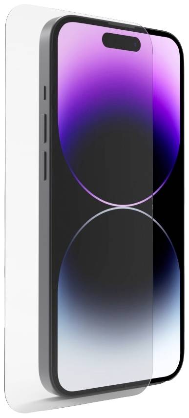 Een smartphone met afgeronde hoeken, randloos display en beschermfolie. Het display toont een kleurrijk, abstract ontwerp.