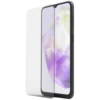 Een smartphone met een transparante schermbeschermfolie die het display bedekt. Het apparaat toont een abstracte achtergrond.