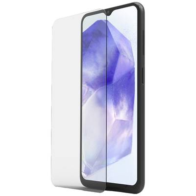 Smartphone met gehard glazen schermbeschermer, transparant en beschermt het scherm tegen krassen. Het apparaat toont een geometrisch patroon.