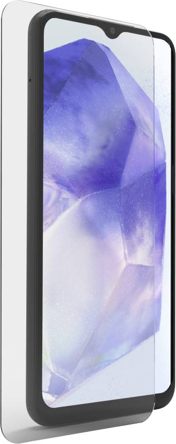 Een smartphone met een beschermfolie op het scherm, waarop een abstract blauw-paars achtergrondmotief te zien is.