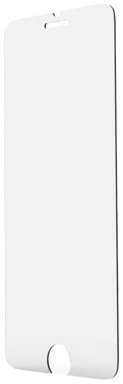 Een transparant displaybeschermglas voor een smartphone met uitsparing voor camera en thuisknop. Geschikt voor extra schermbeveiliging.