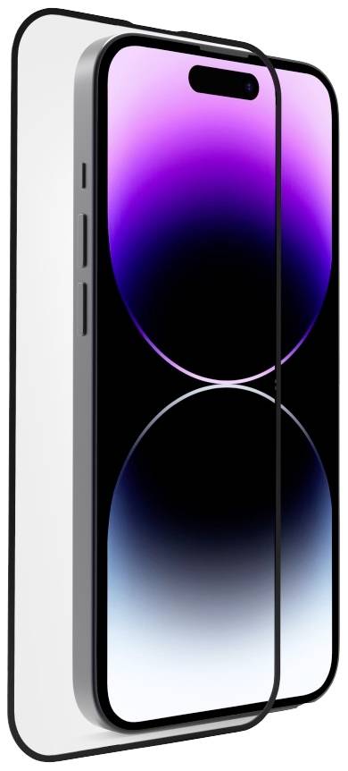 Een modern smartphone met afgeronde hoeken en een edge-to-edge-display toont een achtergrondafbeelding met een paars en zwart kleurverloop.