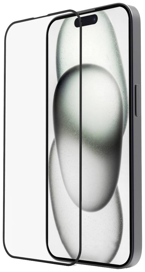 Een smartphone met een transparante schermbeschermer. Het scherm toont een close-up van grijze, in elkaar vervlochten vormen.