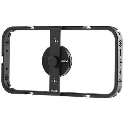 Een zwarte, rechthoekige smartphonehouder, geschikt voor videoproducties. Bevat een centrale, verstelbare bevestiging.