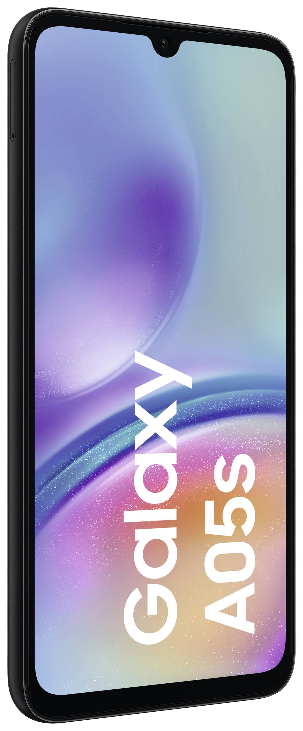 Smartphone in zijdelingse weergave met de tekst 'Galaxy A05s' op het scherm, toont een modern design met afgeronde randen.