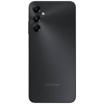 Een zwarte smartphone van achteren gezien met drie camera's en een LED-flitser in de linkerbovenhoek.