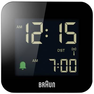 Vierkante digitale klok met zwarte rand toont 12:15 uur. Alarm ingesteld op 7:00 uur 's ochtends.