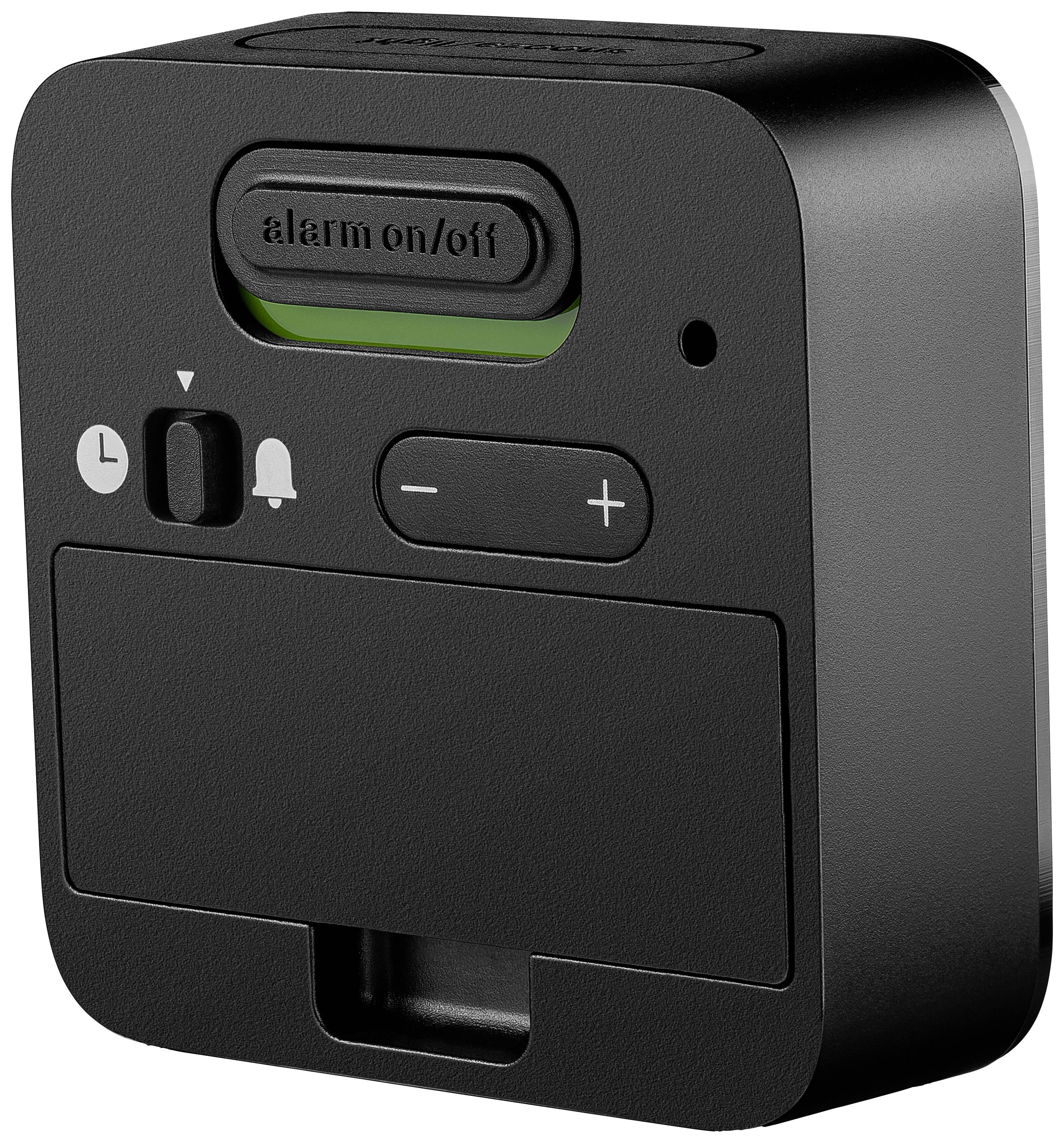 Zwart digitaal apparaat met alarmfunctie, aan/uit-knop en volumeregelaar. Compact en draagbaar, geschikt voor dagelijks gebruik.