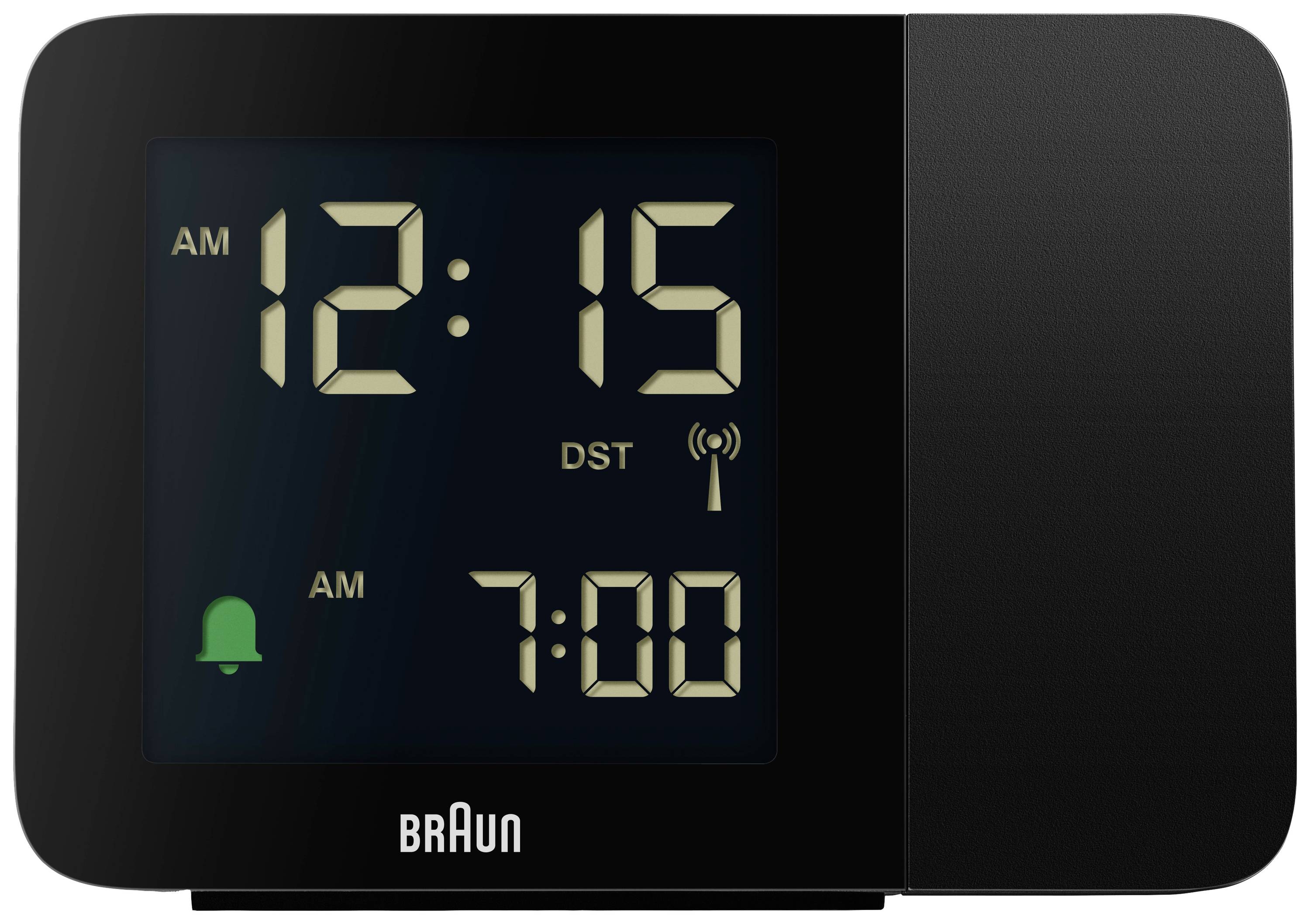 Elektronische klok met zwarte behuizing, toont 12:15 uur 's ochtends. Alarm staat ingesteld op 7:00 uur 's ochtends.