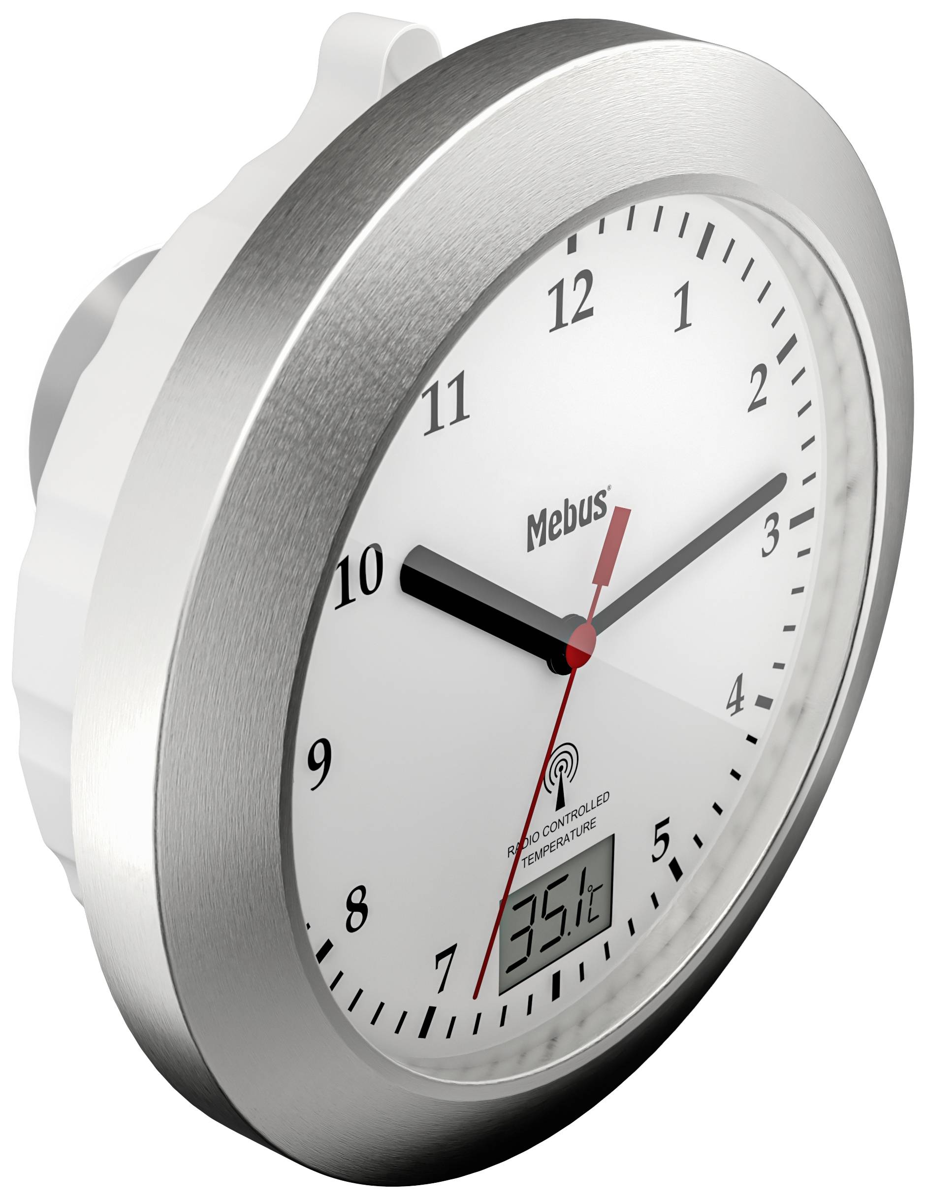 Een ronde metalen wandklok toont de tijd 10:10. Onderaan het wijzerblad bevindt zich een digitaal display dat '23,5°C' aangeeft.