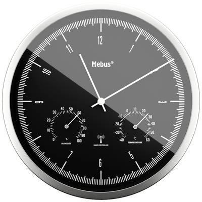 Zwarte wandklok met zilveren rand, toont 11:10 uur. Geïntegreerde displays voor luchtvochtigheid (56%) en temperatuur (21°C).
