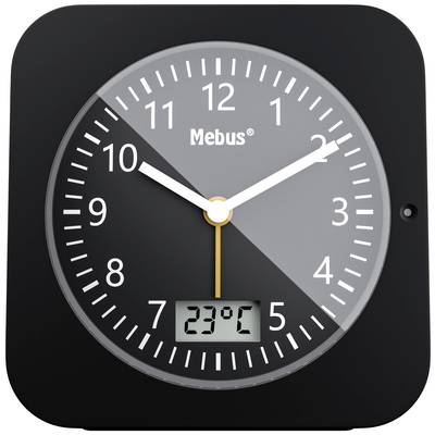 Analoge wandklok toont 10:10 uur met digitaal display dat 23°C aangeeft. Zwart, modern design.