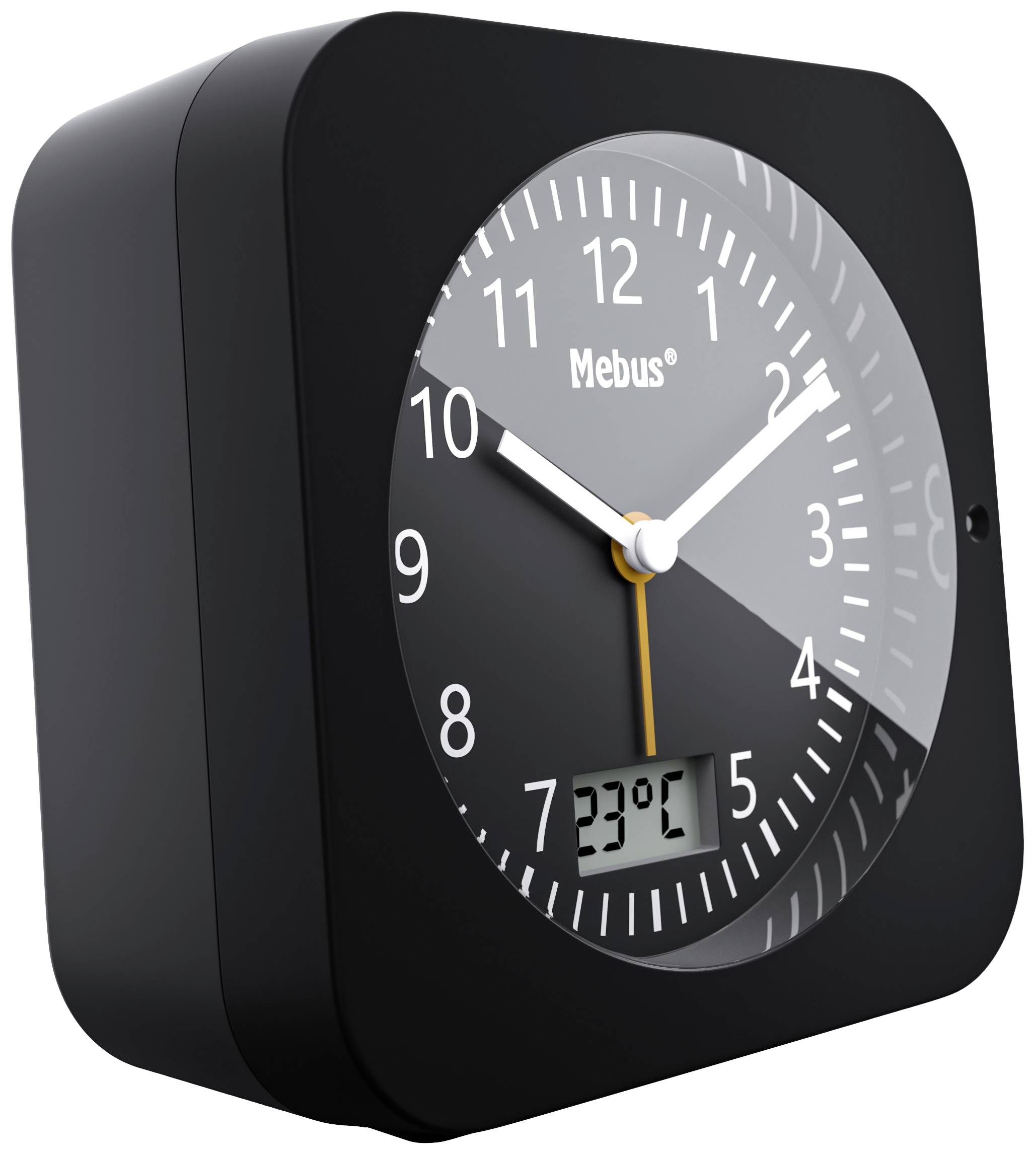 Zwarte wandklok met analoge weergave toont 10:10 uur. Digitaal display daaronder toont '23°C'.