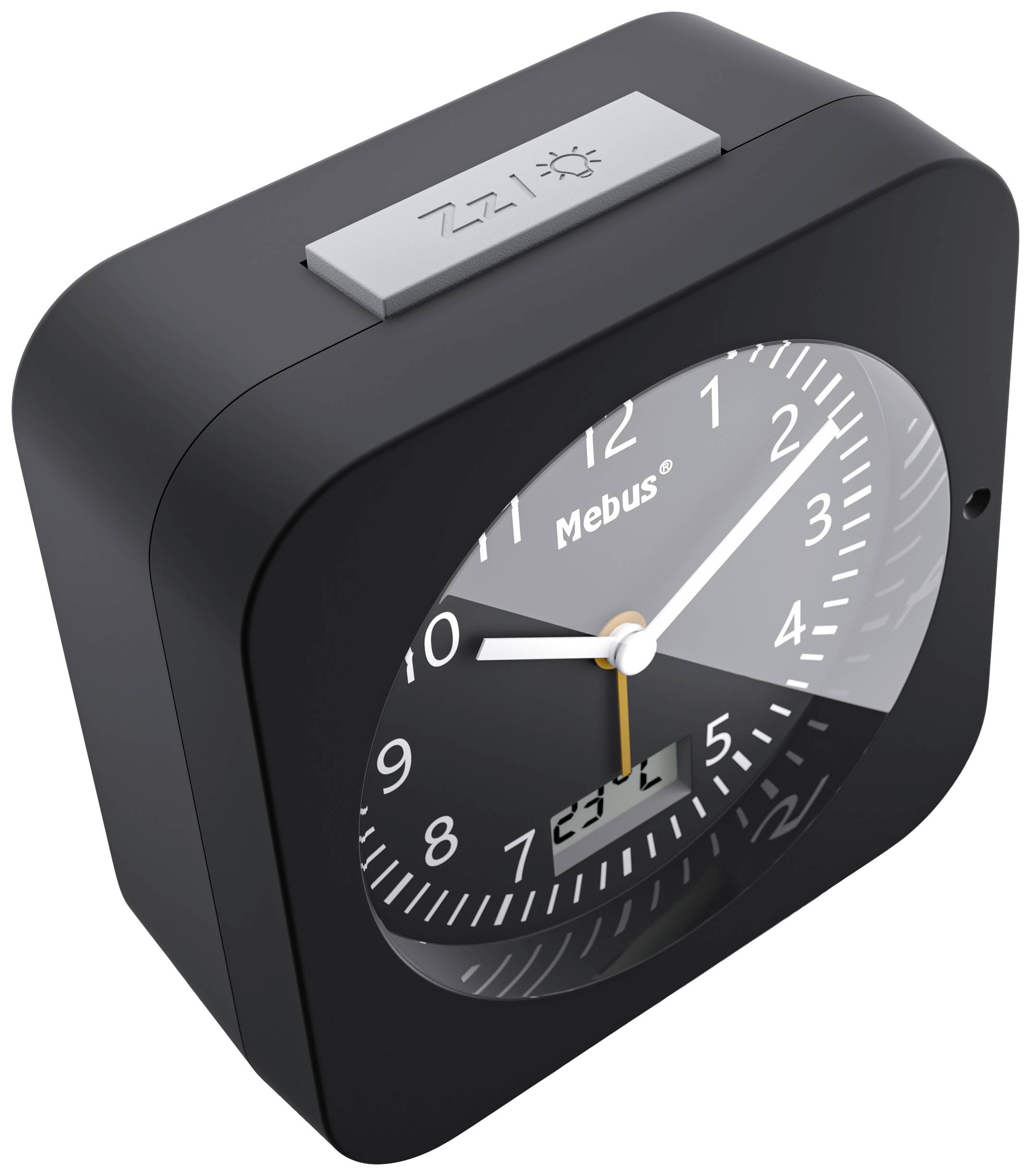 Zwarte wekker met analoge wijzers en digitale temperatuurweergave op de wijzerplaat. Op de achtergrond een zon-symbool op een knop.